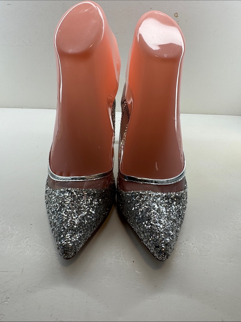 Women's Silver Glitter Pointed-Toe Heels with Mesh Trim